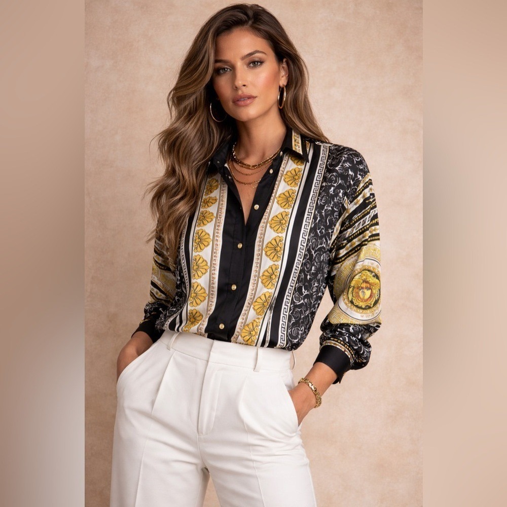 Printed Satin Button-Up Blouse in Black and Gold